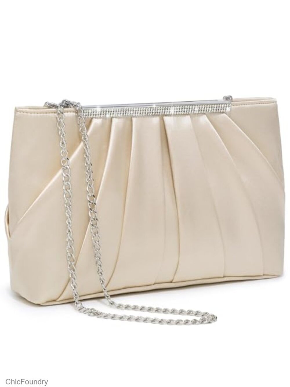 Pleated Evening Clutch Purse with Rhinestones Detachable Chain Strap